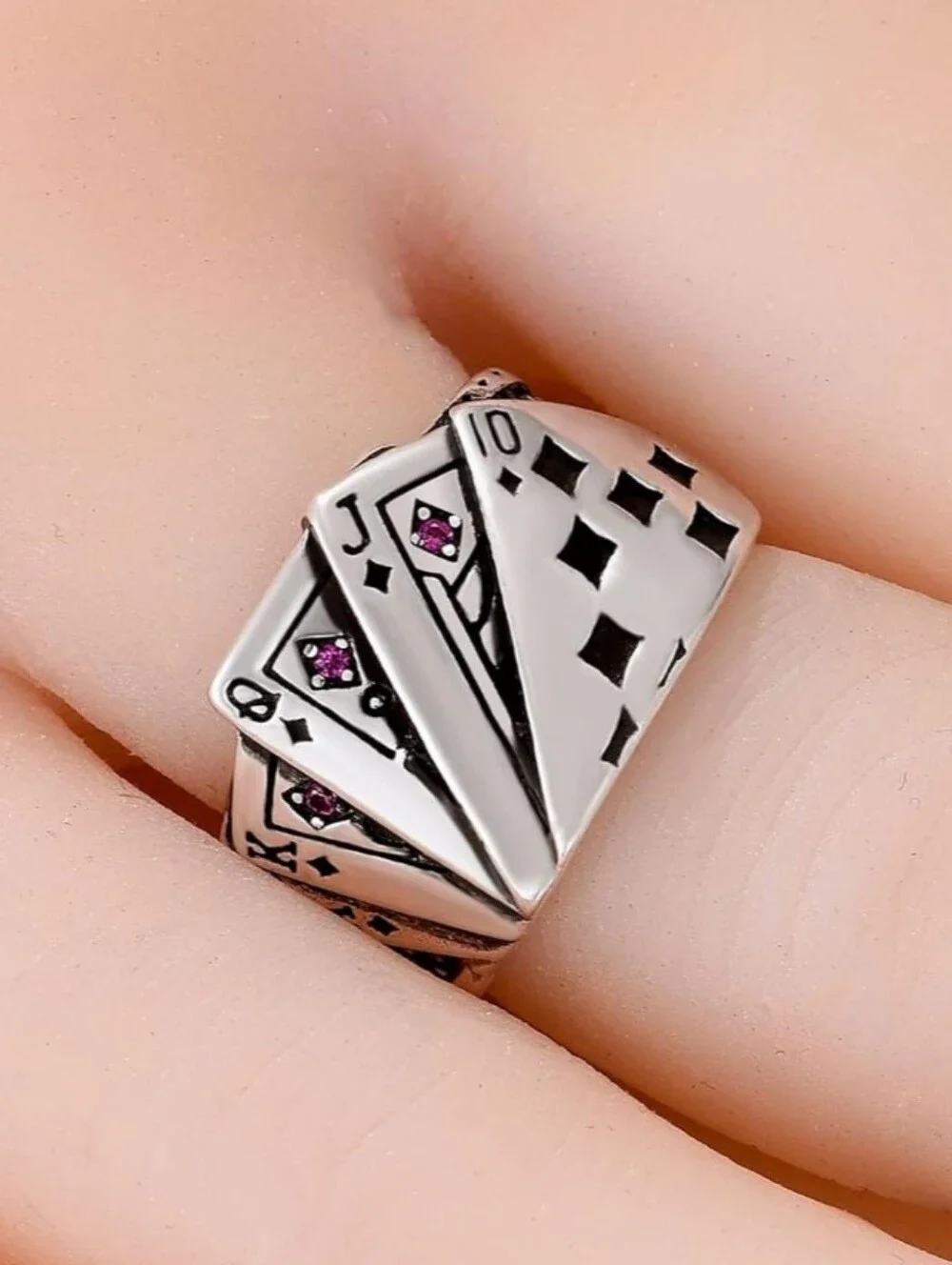 Silver Card Fan Stainless Steel Ring for Men - Poker Design ADJUSTABLE